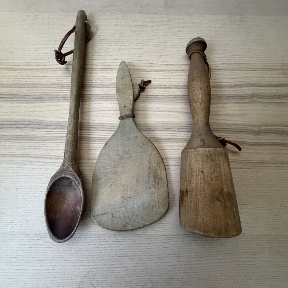 Vintage/Antique Primitive Wooden Butter Paddle. Potato Pestle And Wood Spoon